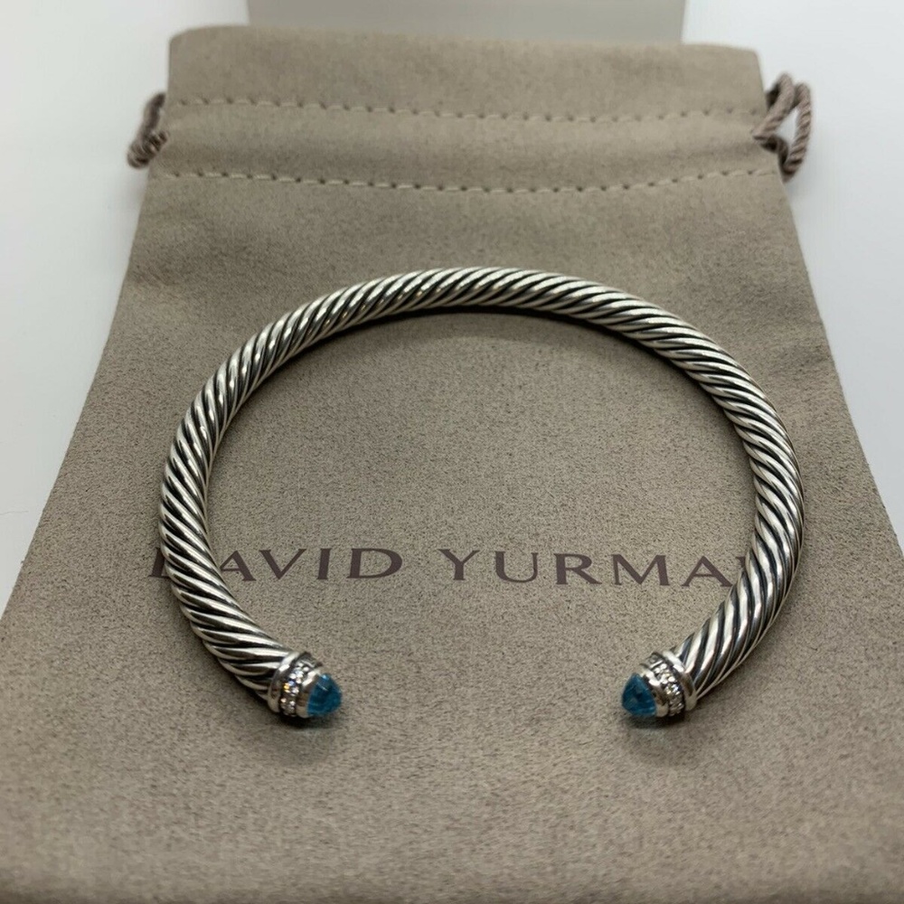 David Yurman Sterling Silver Blue Topaz and Diamonds 5mm Cable Cuff Bracelet